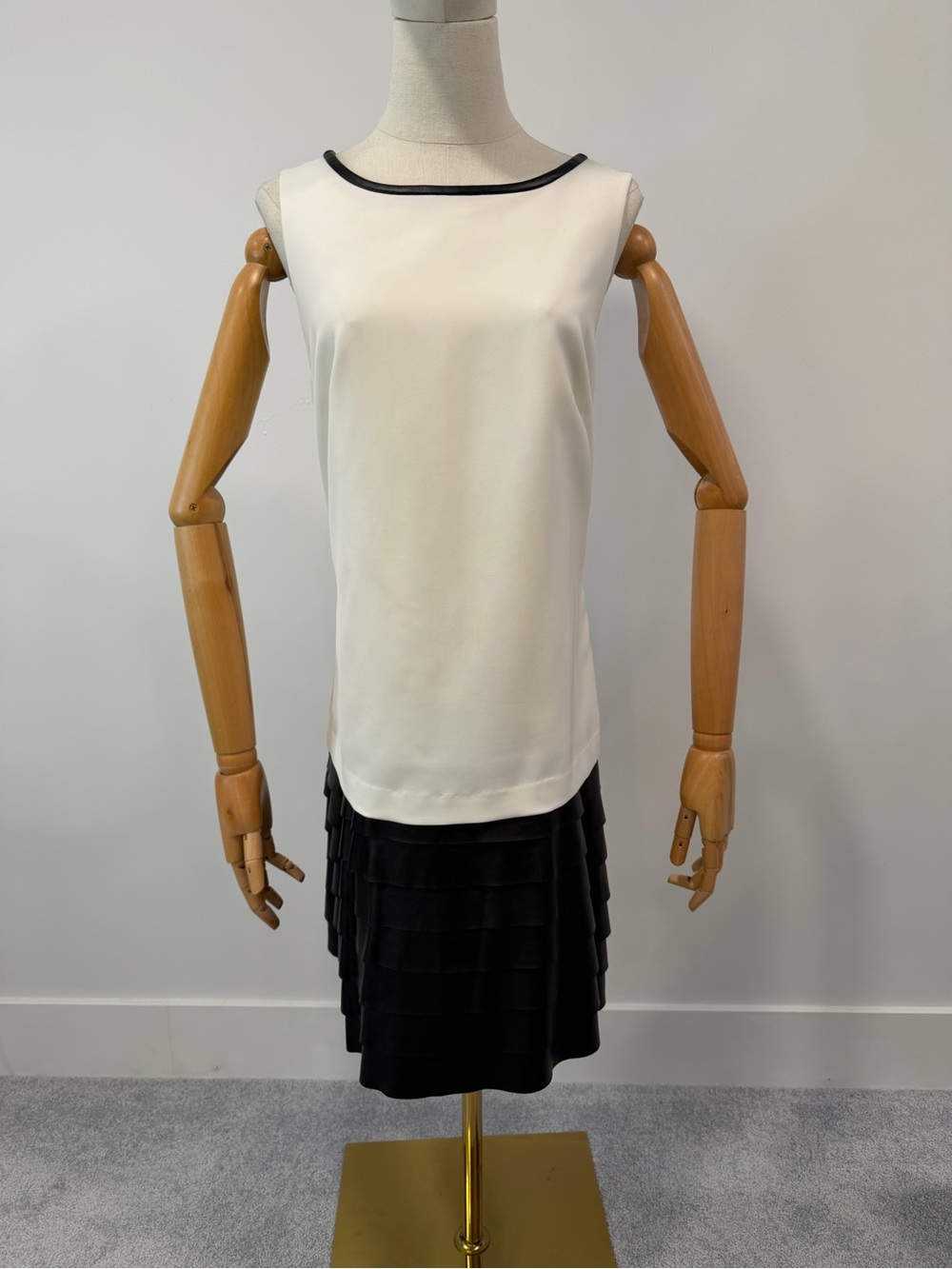 Ann Taylor Black and Cream Sleeveless Dress with Tiered Black Mini Skirt